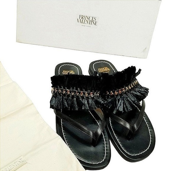 Frances Valentine NIB Elizabeth Black Tassel Thong Sandals Designer Flip Flops 8 - Picture 1 of 13